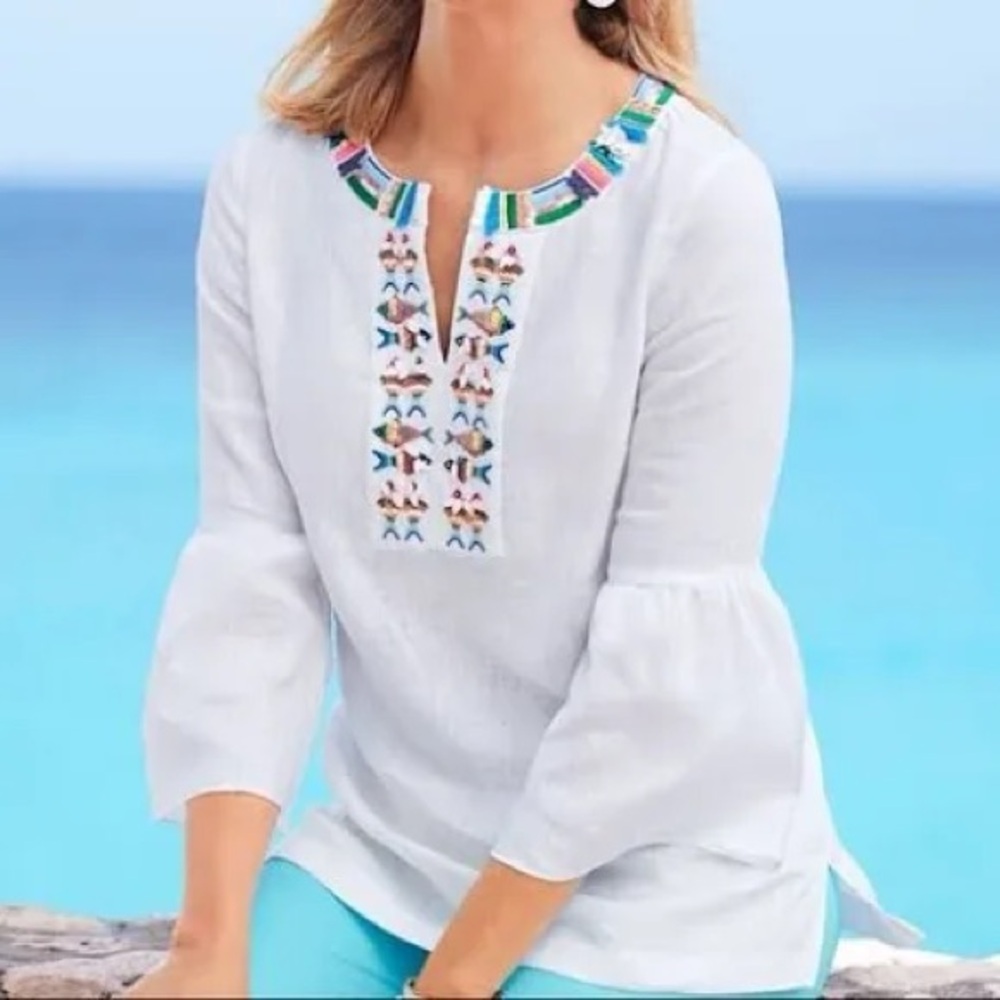 TALBOTS White Tunic with Colorful Embroidery
